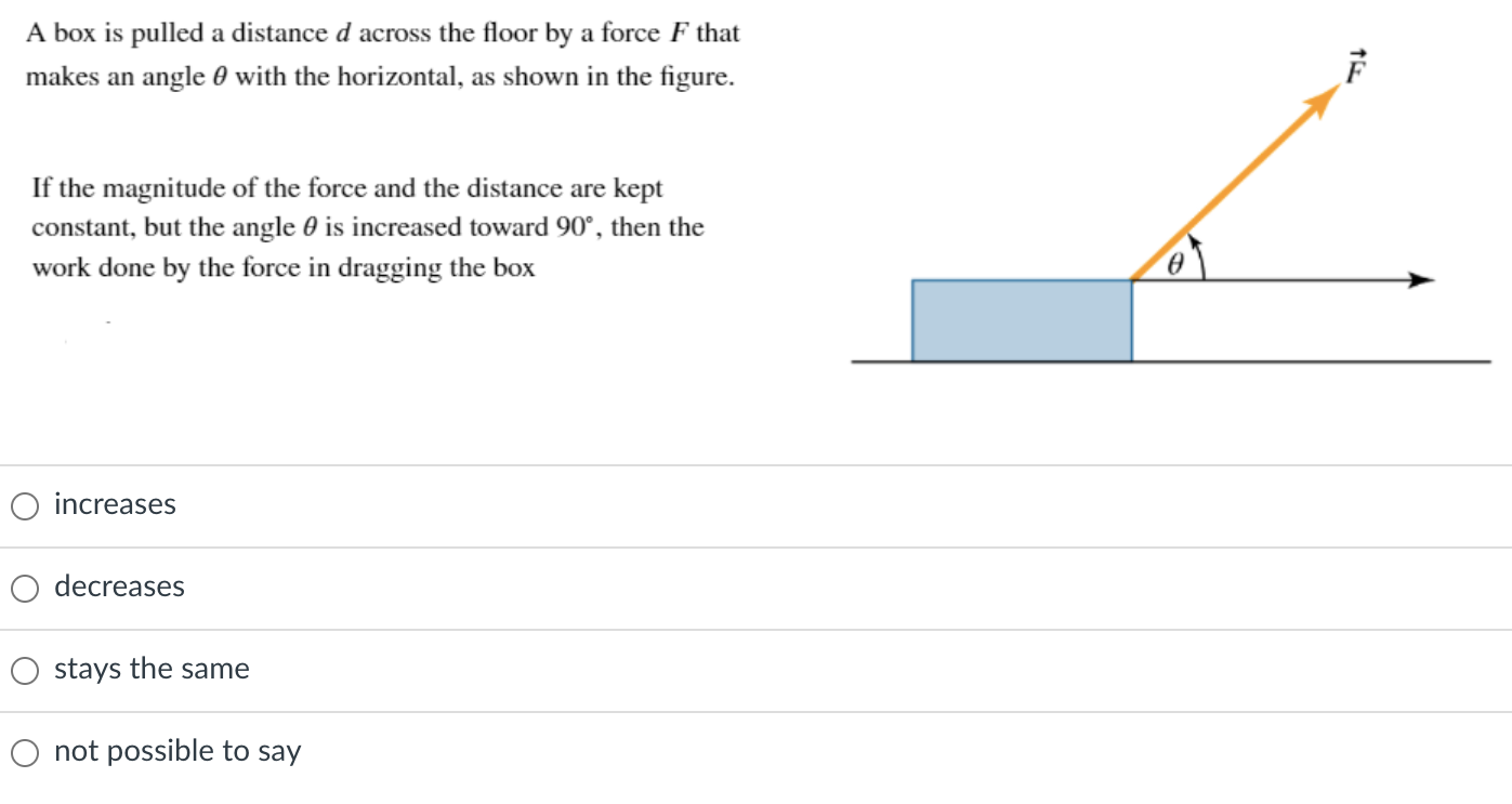 A box is pulled a distance d across the floor by a force F that makes an angle θ with the horizontal, as shown in the figure. If the magnitude of the force and the distance are kept constant, but the angle θ is increased toward 90∘, then the work done by the force in dragging the box increases decreases stays the same not possible to say