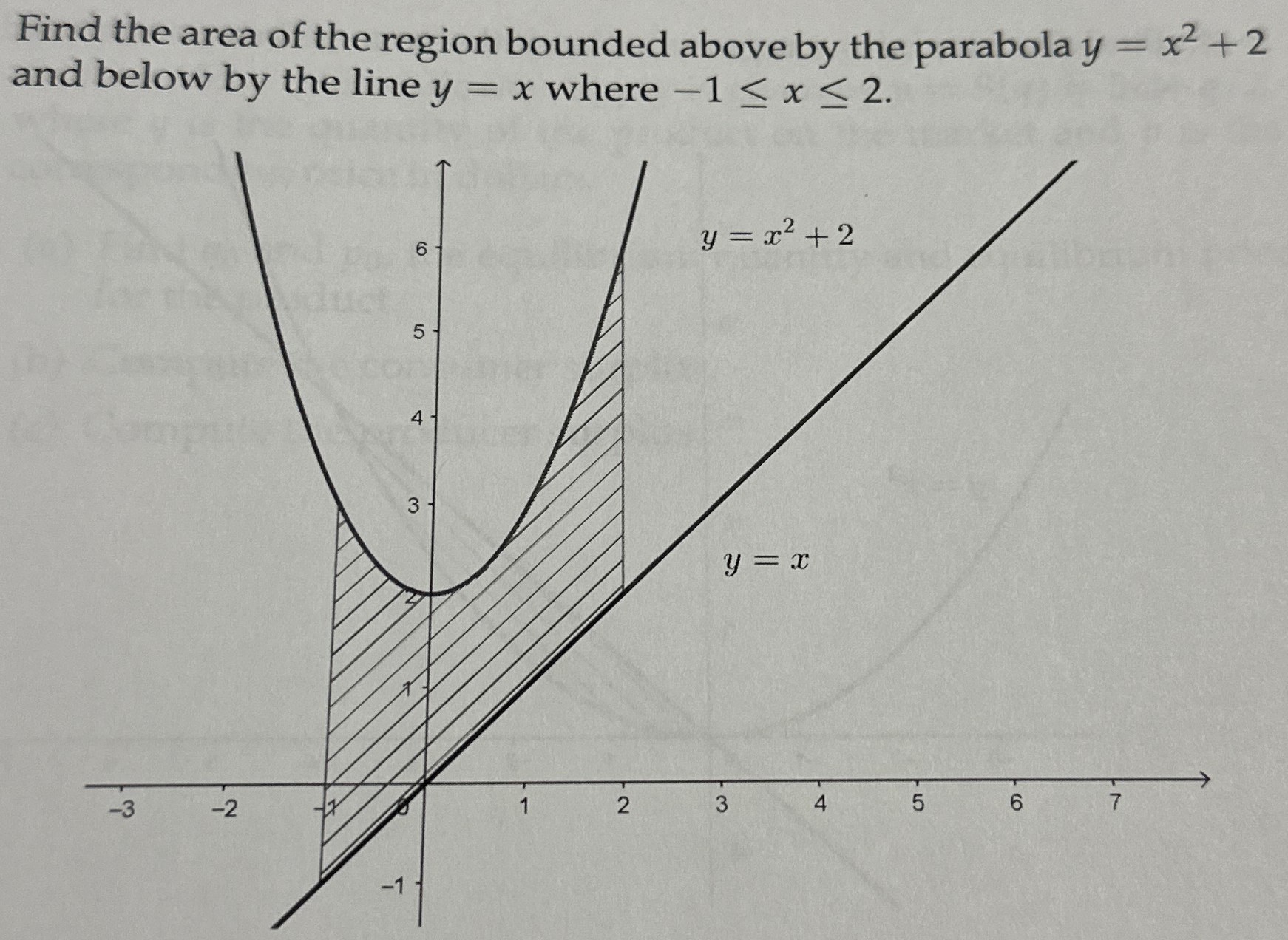 Find the area of the region bounded above by the parabola y = x2 + 2 and below by the line y = x where −1 ≤ x ≤ 2. 