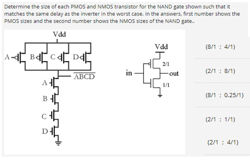 Determine the size of each PMOS and NMOS transistor for the NAND gate shown such that it matches the same delay as the inverter in the worst case. In the answers, first number shows the PMOS sizes and the second number shows the NMOS sizes of the NAND gate. (8/1; 4 /1) (2/1; 8/1) (8/1; 0.25/1) (2/1; 1/1) (2/1; 4/1) 