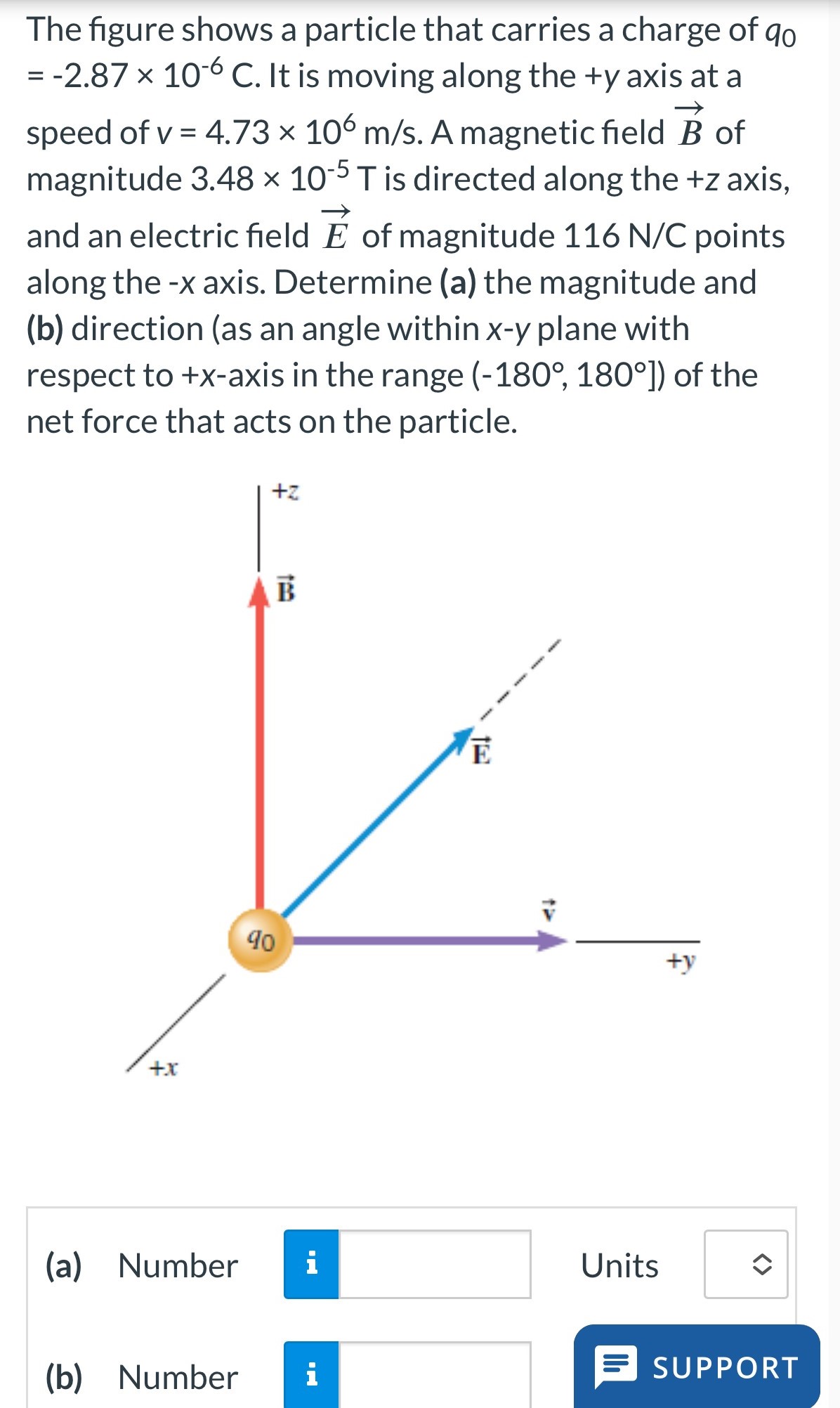 The figure shows a particle that carries a charge of q0 = −2.87×10−6 C. It is moving along the +y axis at a speed of v = 4.73×106 m/s. A magnetic field B→ of magnitude 3.48×10−5 T is directed along the +z axis, and an electric field E→ of magnitude 116 N/C points along the −x axis. Determine (a) the magnitude and (b) direction (as an angle within x - y plane with respect to +x-axis in the range (−180∘, 180∘]) of the net force that acts on the particle. (a) Number Units (b) Number