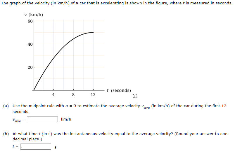 The graph of the velocity (in km/h) of a car that is accelerating is shown in the figure, where t is measured in seconds. (a) Use the midpoint rule with n = 3 to estimate the average velocity vave (in km/h) of the car during the first 12 seconds. vave = km/h (b) At what time t (in s) was the instantaneous velocity equal to the average velocity? (Round your answer to one decimal place.) t = s