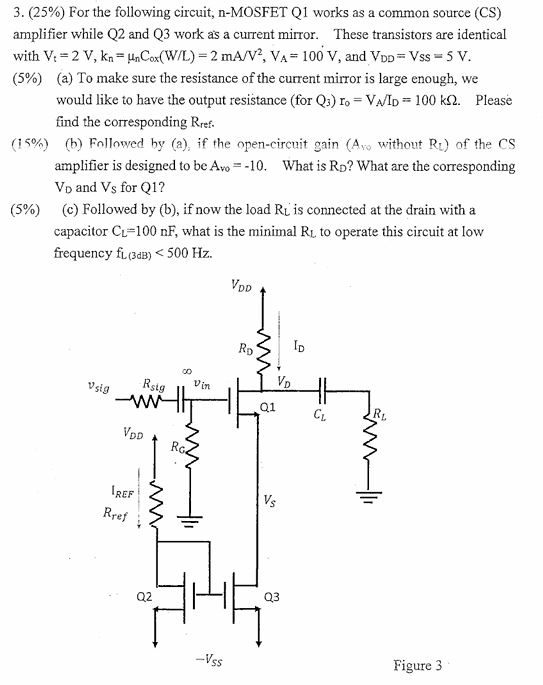 For the following circuit, n-MOSFET Q1 works as a common source (CS) amplifier while Q2 and Q3 work as a current mirror. These transistors are identical with Vt = 2 V, kn = μnC0 x(W/L) = 2 mA/V2, VA = 100 V, and VDD = VSS = 5 V. (5%) (a) To make sure the resistance of the current mirror is large enough, we would like to have the output resistance (for Q3)r0 = VA/ID = 100 kΩ. Please find the corresponding Rref . (15%) (b) Followed by (a), if the open-circuit gain ( Aw without Rt ) of the CS amplifier is designed to be Avo = −10. What is RD ? What are the corresponding VD and VS for Q1? (5%) (c) Followed by (b), if now the load RL is connected at the drain with a capacitor CL = 100 nF, what is the minimal RL to operate this circuit at low frequency f(L(dB) < 500 Hz. Figure 3