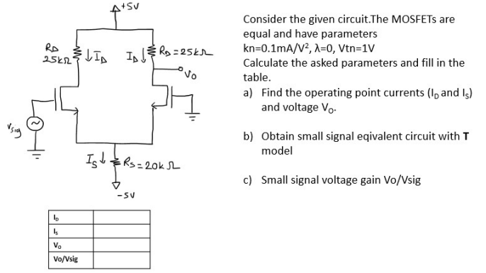 Consider the given circuit. The MOSFETs are equal and have parameters kn = 0.1 mA/V2, λ = 0, Vtn = 1 V Calculate the asked parameters and fill in the table. a) Find the operating point currents (ID and IS) and voltage VO. b) Obtain small signal equivalent circuit with T model c) Small signal voltage gain Vo/Vsig