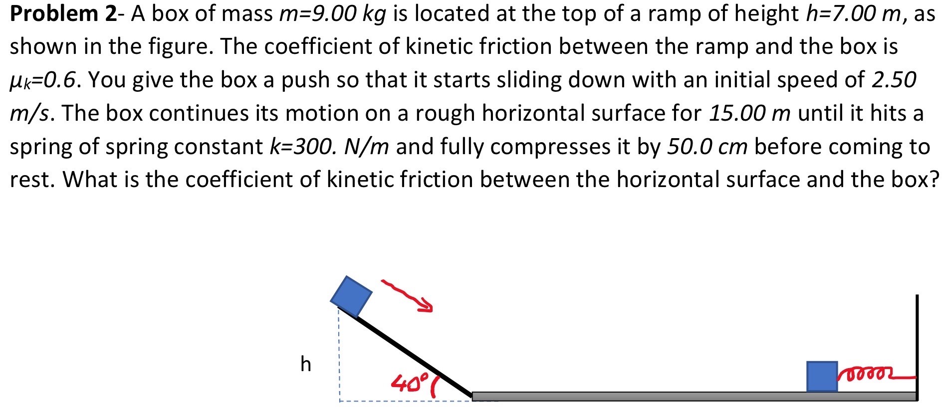 A box of mass m = 9.00 kg is located at the top of a ramp of height h = 7.00 m, as shown in the figure. The coefficient of kinetic friction between the ramp and the box is μk = 0.6. You give the box a push so that it starts sliding down with an initial speed of 2.50 m/s. The box continues its motion on a rough horizontal surface for 15.00 m until it hits a spring of spring constant k = 300. N/m and fully compresses it by 50.0 cm before coming to rest. What is the coefficient of kinetic friction between the horizontal surface and the box?