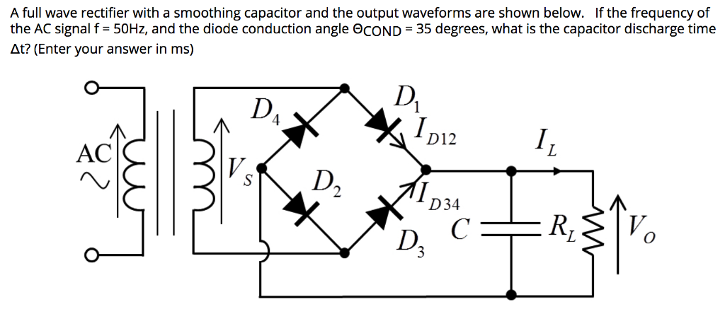 A full wave rectifier with a smoothing capacitor and the output waveforms are shown below. If the frequency of the AC signal f = 50 Hz, and the diode conduction angle ΘCOND = 35 degrees, what is the capacitor discharge time Δt? (Enter your answer in ms)