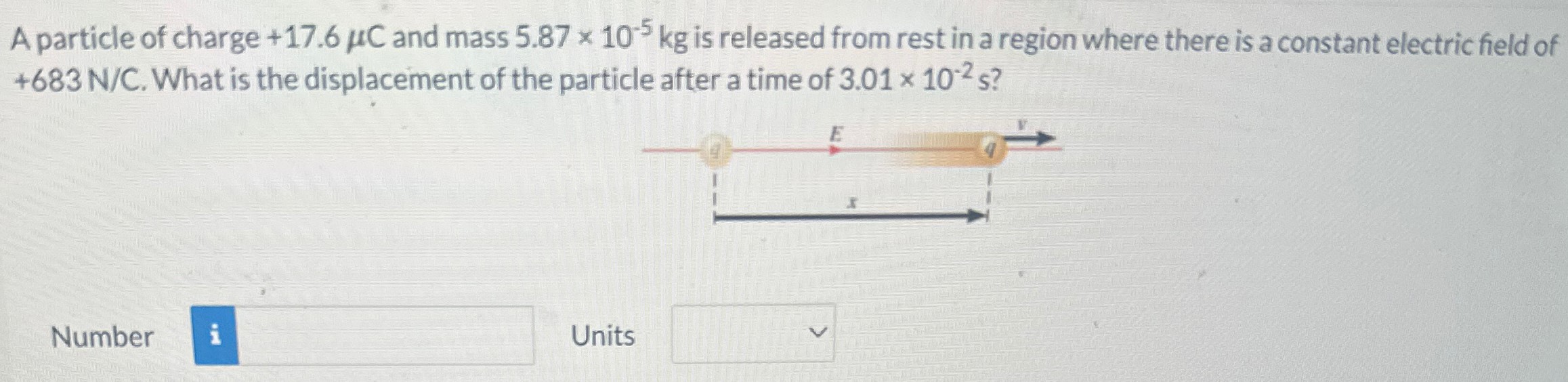 A particle of charge +17.6 μC and mass 5.87×10−5 kg is released from rest in a region where there is a constant electric field of +683 N/C. What is the displacement of the particle after a time of 3.01×10−2 s ? Number Units