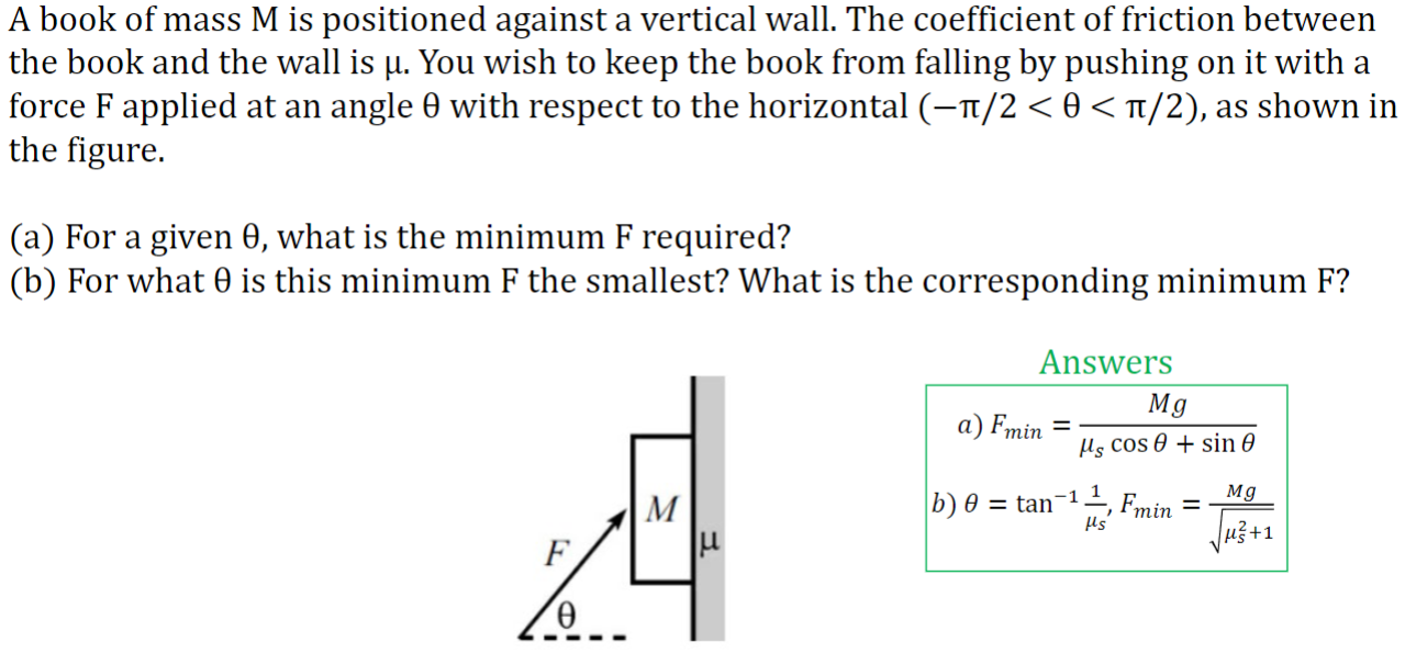 A book of mass M is positioned against a vertical wall. The coefficient of friction between the book and the wall is μ. You wish to keep the book from falling by pushing on it with a force F applied at an angle θ with respect to the horizontal (−π/2 < θ < π/2), as shown in the figure. (a) For a given θ, what is the minimum F required? (b) For what θ is this minimum F the smallest? What is the corresponding minimum F? Answers a) Fmin = Mg μscos⁡θ+sin⁡θ b) θ = tan−1 ⁡1/μs, Fmin = Mg μs2+1