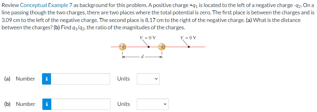 A positive charge +q1 is located to the left of a negative charge −q2. On a line passing though the two charges, there are two places where the total potential is zero. The first place is between the charges and is 3.09 cm to the left of the negative charge. The second place is 8.17 cm to the right of the negative charge. (a) What is the distance between the charges? (b) Find q1/q2, the ratio of the magnitudes of the charges. (a) Number Units (b) Number Units Review Conceptual Example 7 as background for this problem.