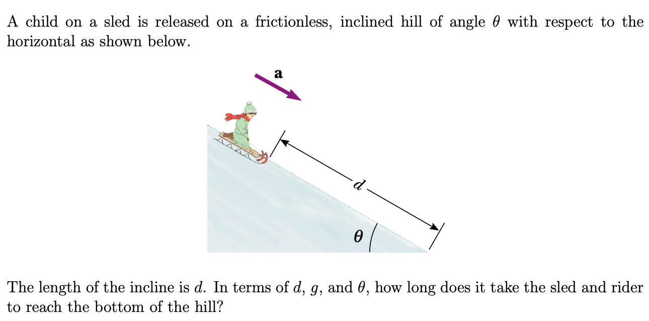 A child on a sled is released on a frictionless, inclined hill of angle θ with respect to the horizontal as shown below. The length of the incline is d. In terms of d, g, and θ, how long does it take the sled and rider to reach the bottom of the hill?