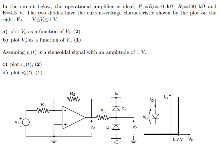 In the circuit below, the operational amplifier is ideal, R1 = R3 = 10 kΩ, R2 = 100 kΩ and E = 4.3 V. The two diodes have the current-voltage characteristic shown by the plot on the right. For −1 V ≤ Vi ≤ 1 V, a) plot Vo as a function of Vi, b) plot Vo′ as a function of Vi. Assuming vi(t) is a sinusoidal signal with an amplitude of 1 V, c) plot vo(t), (2) d) plot vo′(t). (1)