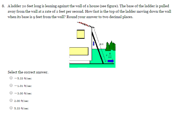 A ladder 20 feet long is leaning against the wall of a house (see figure). The base of the ladder is pulled away from the wall at a rate of 2 feet per second. How fast is the top of the ladder moving down the wall when its base is 9 feet from the wall? Round your answer to two decimal places. Select the correct answer. −5.33 ft/sec −1.01 ft/sec −3.00 ft/sec 2.00 ft/sec 5.33 ft/sec