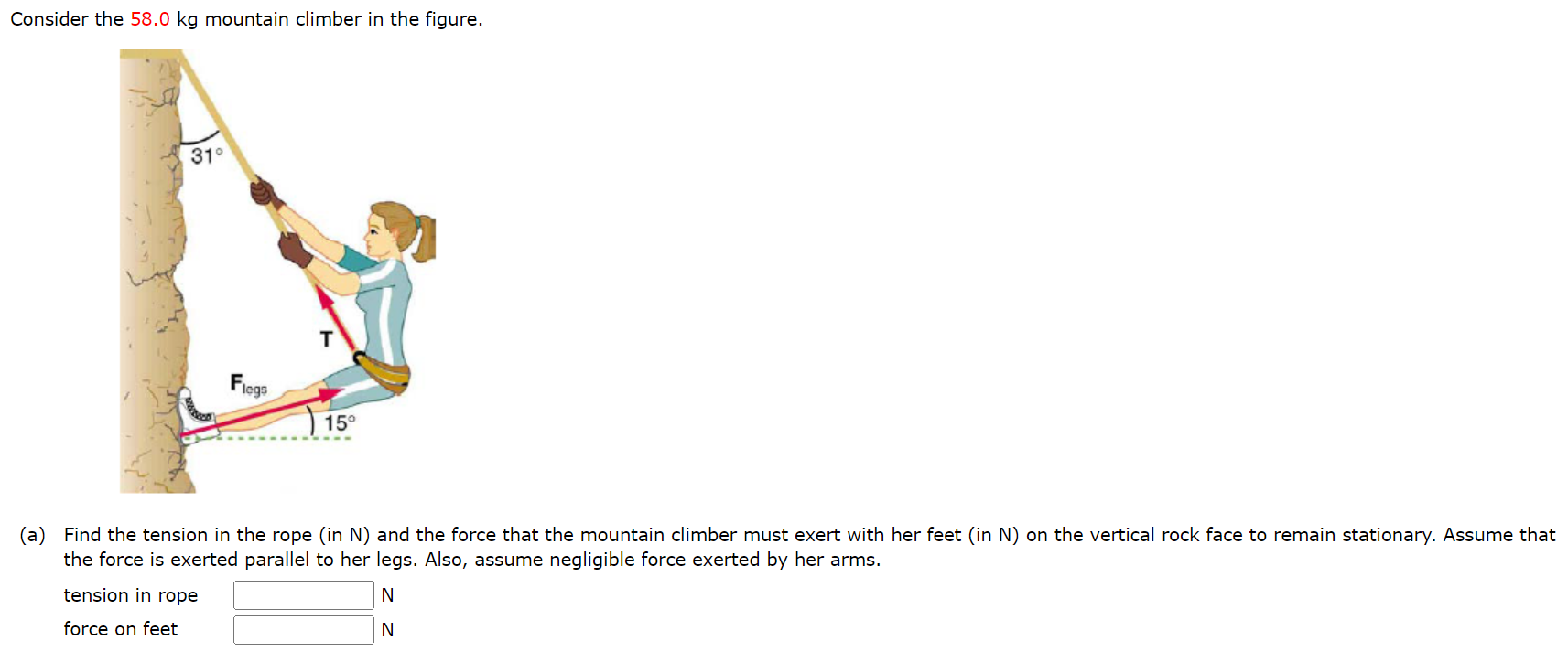 Consider the 58.0 kg mountain climber in the figure. (a) Find the tension in the rope (in N) and the force that the mountain climber must exert with her feet (in N) on the vertical rock face to remain stationary. Assume that the force is exerted parallel to her legs. Also, assume negligible force exerted by her arms. tension in rope N force on feet N (b) What is the minimum coefficient of friction between her shoes and the cliff?