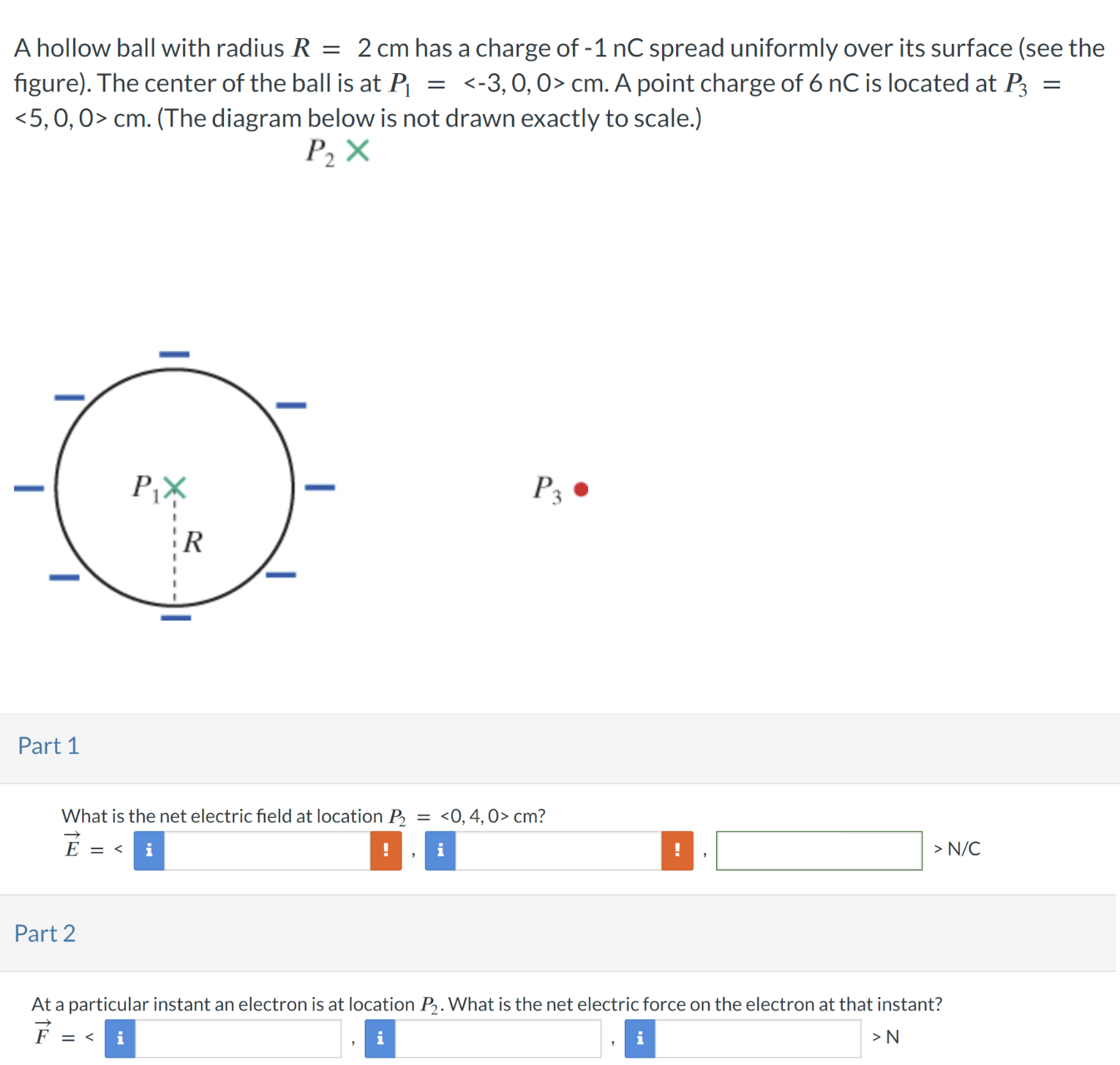 A hollow ball with radius R = 2 cm has a charge of -1 nC spread uniformly over its surface (see the figure). The center of the ball is at P1 =  < −3, 0, 0 > cm. A point charge of 6 nC is located at P3 =  < 5, 0, 0 > cm. (The diagram below is not drawn exactly to scale.) P2 P3 Part 1 What is the net electric field at location P2 = ⟨0, 4, 0⟩ cm? E→ =  < > N/C Part 2 At a particular instant an electron is at location P2. What is the net electric force on the electron at that instant? F→ =  < > N