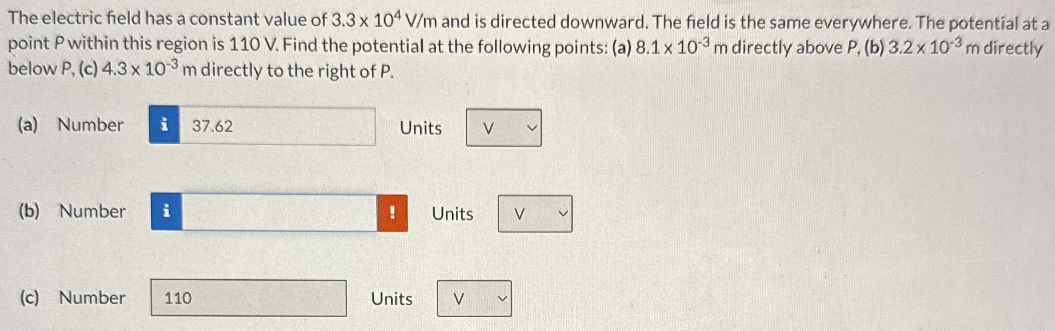 The electric field has a constant value of 3.3×104 V/m and is directed downward. The field is the same everywhere. The potential at a point P within this region is 110 V. Find the potential at the following points: (a) 8.1×10−3 m directly above P, (b) 3.2×10−3 m directly below P, (c) 4.3×10−3 m directly to the right of P. (a) Number Units (b) Number Units (c) Number Units