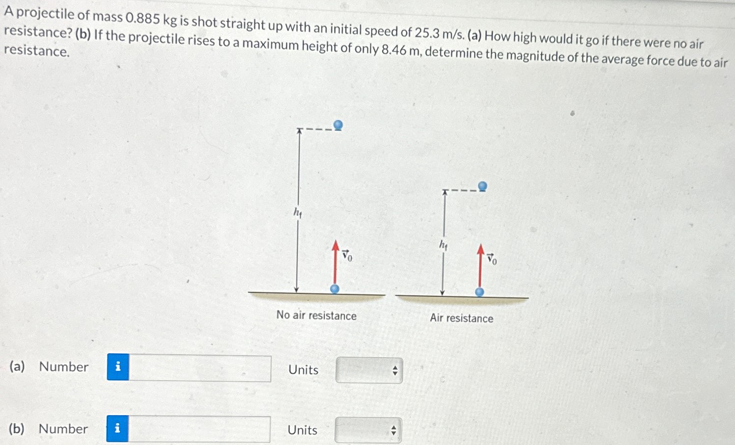 A projectile of mass 0.885 kg is shot straight up with an initial speed of 25.3 m/s. (a) How high would it go if there were no air resistance? (b) If the projectile rises to a maximum height of only 8.46 m, determine the magnitude of the average force due to air resistance. (a) Number Units (b) Number Units