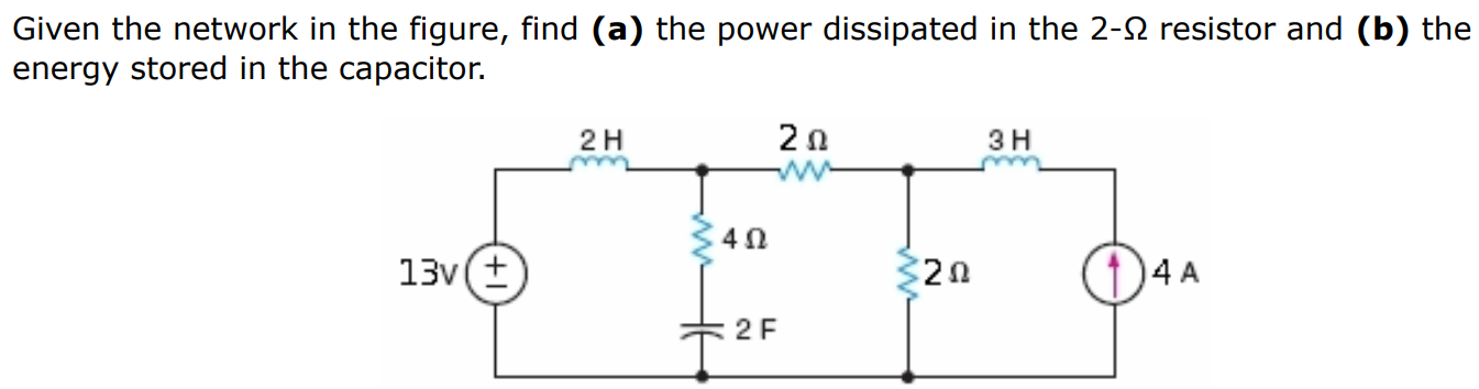 Given the network in the figure, find (a) the power dissipated in the 2-Ω resistor and (b) the energy stored in the capacitor. (a) W (b) J