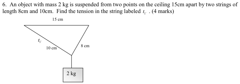 An object with mass 2 kg is suspended from two points on the ceiling 15 cm apart by two strings of length 8 cm and 10 cm. Find the tension in the string labeled t1. (4 marks)