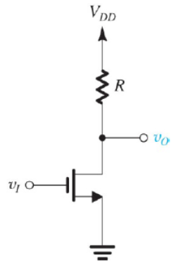 5.54 The MOSFET in Fig.P5.54 has Vt = 0.4V, kn = 500 μA/V2, and λ = 0. Find the required values of W/L and of R so that when vI = VDD = +1.3V, rDS = 50 and vO = 50mV