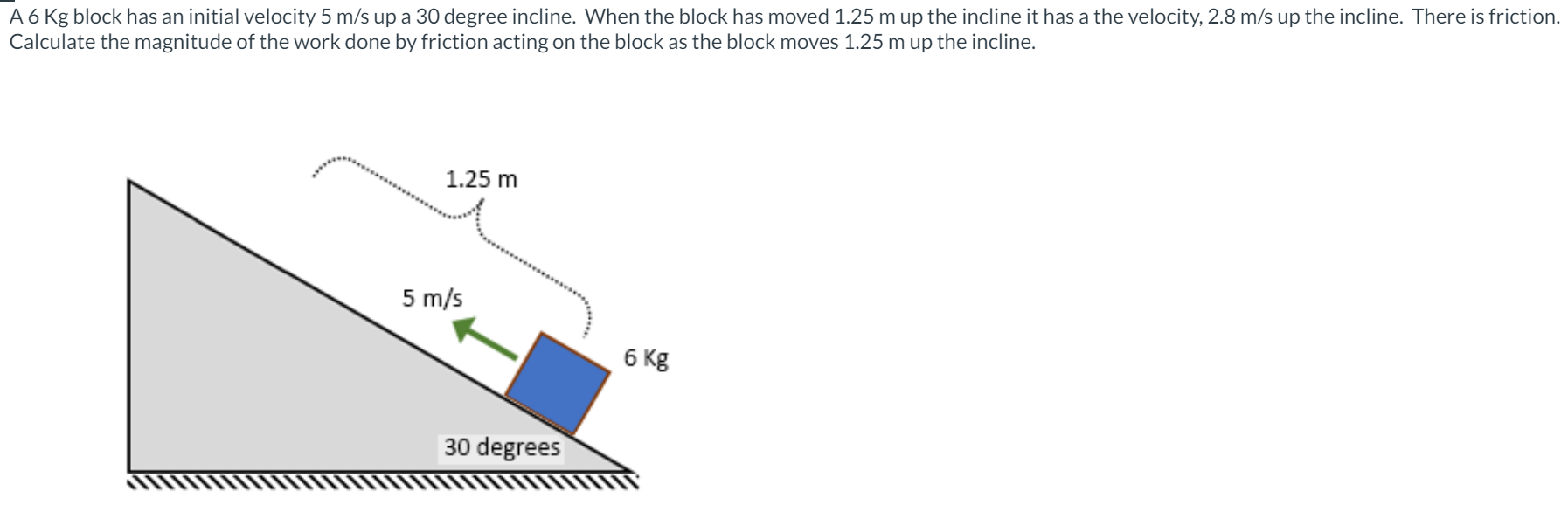 A 6 Kg block has an initial velocity 5 m/s up a 30 degree incline. When the block has moved 1.25 m up the incline it has a the velocity, 2.8 m/s up the incline. There is friction. Calculate the magnitude of the work done by friction acting on the block as the block moves 1.25 m up the incline.