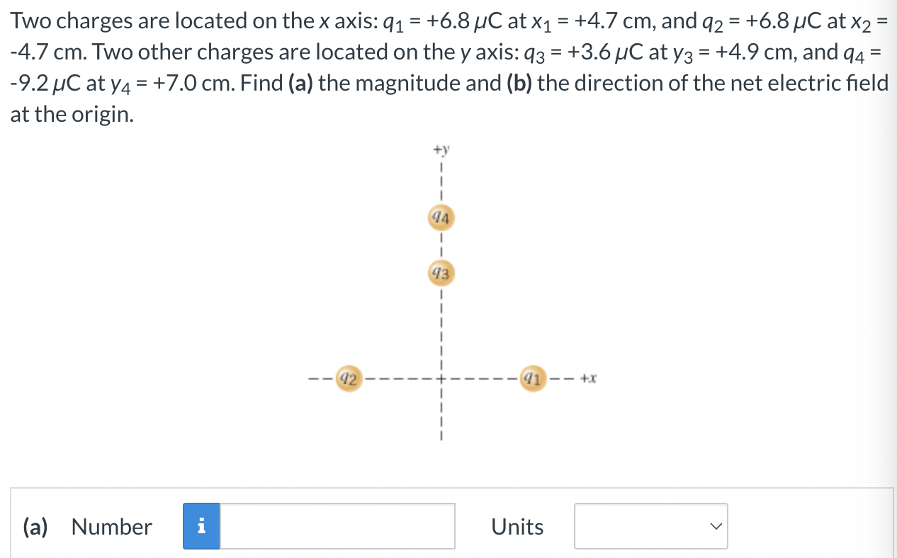 Two charges are located on the x axis: q1 = +6.8 μC at x1 = +4.7 cm, and q2 = +6.8 μC at x2 = −4.7 cm. Two other charges are located on the y axis: q3 = +3.6 μC at y3 = +4.9 cm, and q4 = −9.2 μC at y4 = +7.0 cm. Find (a) the magnitude and (b) the direction of the net electric field at the origin. (a) Number Units