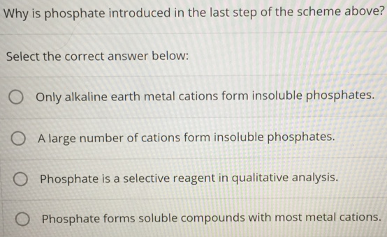 Why is phosphate introduced in the last step of the scheme above? Select the correct answer below: Only alkaline earth metal cations form insoluble phosphates. A large number of cations form insoluble phosphates. Phosphate is a selective reagent in qualitative analysis. Phosphate forms soluble compounds with most metal cations. 