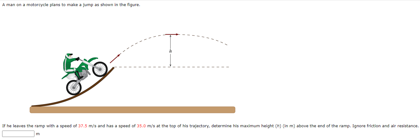 A man on a motorcycle plans to make a jump as shown in the figure. If he leaves the ramp with a speed of 37.5 m/s and has a speed of 35.0 m/s at the top of his trajectory, determine his maximum height (h) (in m) above the end of the ramp. Ignore friction and air resistance. m