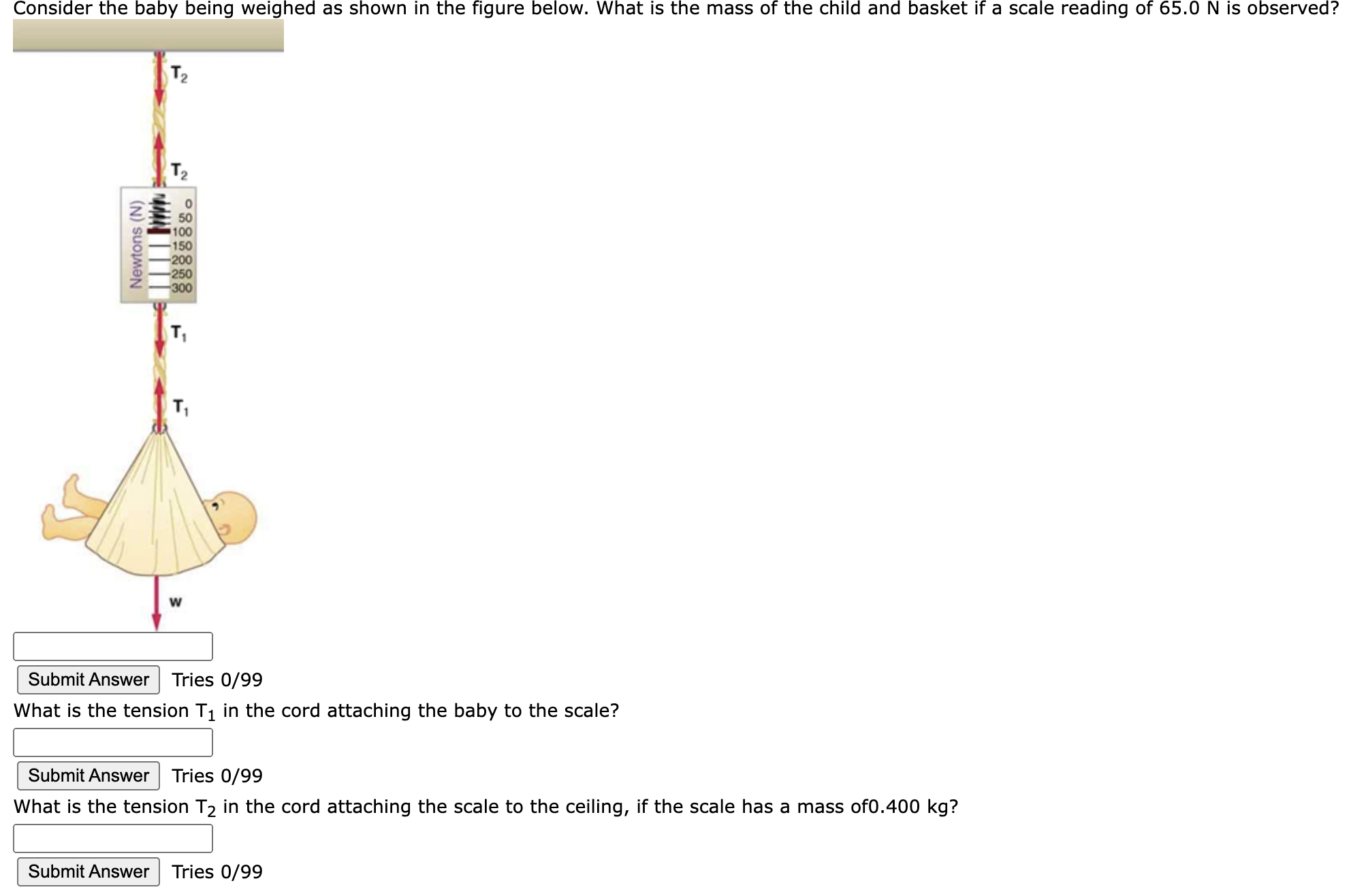Consider the baby being weighed as shown in the figure below. What is the mass of the child and basket if a scale reading of 65.0 N is observed? What is the tension T1 in the cord attaching the baby to the scale? What is the tension T2 in the cord attaching the scale to the ceiling, if the scale has a mass of0.400 kg? Submit Answer Tries 0/99