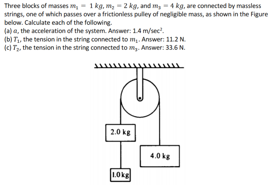 Three blocks of masses m1 = 1 kg, m2 = 2 kg, and m3 = 4 kg, are connected by massless strings, one of which passes over a frictionless pulley of negligible mass, as shown in the Figure below. Calculate each of the following. (a) a, the acceleration of the system. Answer: 1.4 m/sec2. (b) T1, the tension in the string connected to m1. Answer: 11.2 N. (c) T2, the tension in the string connected to m3. Answer: 33.6 N.