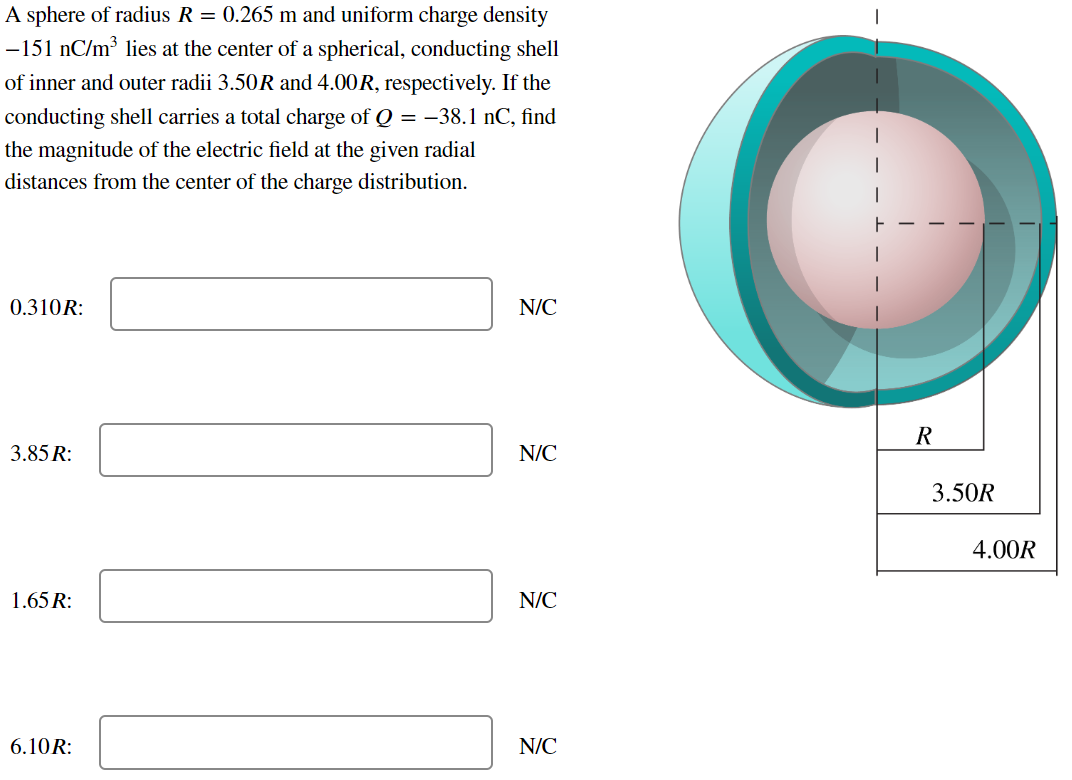 A sphere of radius R = 0.265 m and uniform charge density −151 nC/m3 l