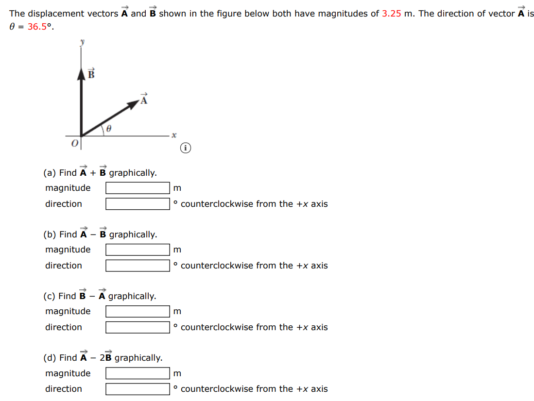 The displacement vectors A→ and B→ shown in the figure below both have magnitudes of 3.25 m. The direction of vector A→ is θ = 36.5∘. (a) Find A→+B→ graphically. magnitude m direction ∘ counterclockwise from the +x axis (b) Find A→−B→ graphically. magnitude m direction ∘ counterclockwise from the +x axis (c) Find B→−A→ graphically. magnitude m direction . counterclockwise from the +x axis (d) Find A→−2 B→ graphically. magnitude m direction ∘ counterclockwise from the +x axis 