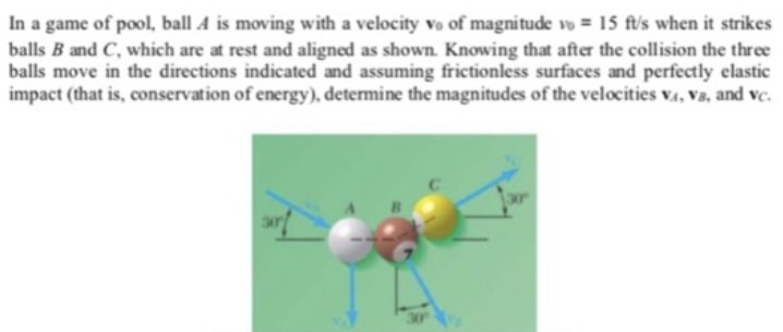 In a game of pool, ball A is moving with a velocity v0 of magnitude v0 = 15 ft/s when it strikes balls B and C, which are at rest and aligned as shown. Knowing that after the collision the three balls move in the directions indicated and assuming frictionless surfaces and perfectly elastic impact (that is, conservation of energy), determine the magnitudes of the velocities vA, vB, and vC.