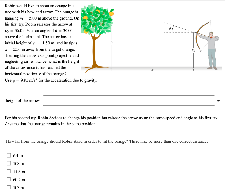 Robin would like to shoot an orange in a tree with his bow and arrow. The orange is hanging yf = 5.00 m above the ground. On his first try, Robin releases the arrow at v0 = 36.0 m/s at an angle of θ = 30.0∘ above the horizontal. The arrow has an initial height of y0 = 1.50 m, and its tip is x = 55.0 m away from the target orange. Treating the arrow as a point projectile and neglecting air resistance, what is the height of the arrow once it has reached the horizontal position x of the orange? Use g = 9.81 m/s2 for the acceleration due to gravity. height of the arrow: m For his second try, Robin decides to change his position but release the arrow using the same speed and angle as his first try. Assume that the orange remains in the same position. How far from the orange should Robin stand in order to hit the orange? There may be more than one correct distance. 6.4 m 108 m 11.6 m 60.2 m 103 m