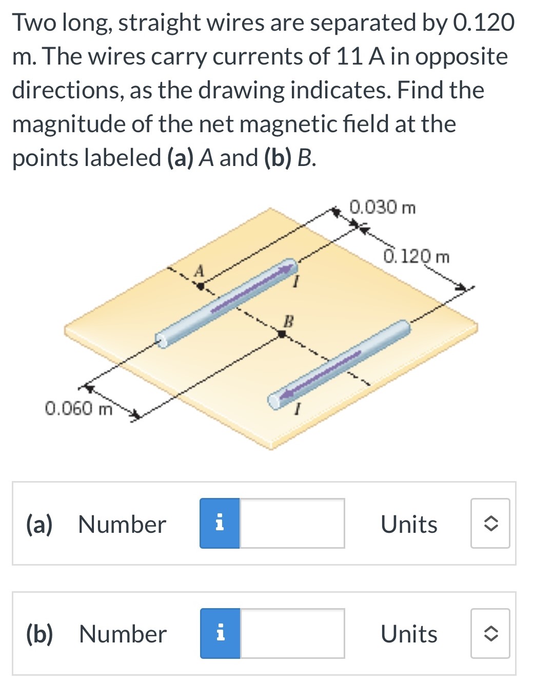 Two long, straight wires are separated by 0.120 m. The wires carry currents of 11 A in opposite directions, as the drawing indicates. Find the magnitude of the net magnetic field at the points labeled (a) A and (b) B. (a) Number Units (b) Number Units