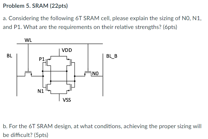 Problem 5. SRAM (22 pts) a. Considering the following 6T SRAM cell, please explain the sizing of N0, N1, and P1. What are the requirements on their relative strengths? (6 pts) b. For the 6T SRAM design, at what conditions, achieving the proper sizing will be difficult? (5 pts) 