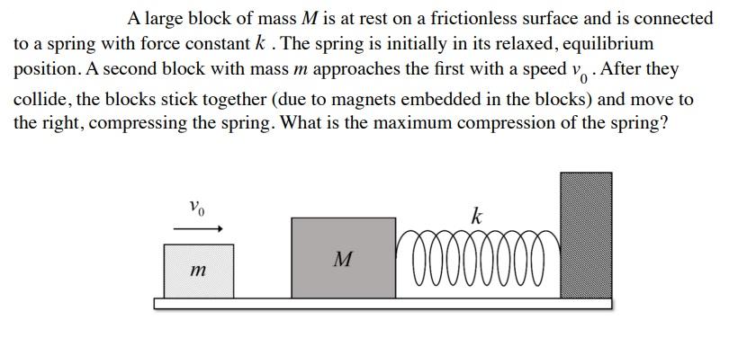 A large block of mass M is at rest on a frictionless surface and is connected to a spring with force constant k. The spring is initially in its relaxed, equilibrium position. A second block with mass m approaches the first with a speed v0. After they collide, the blocks stick together (due to magnets embedded in the blocks) and move to the right, compressing the spring. What is the maximum compression of the spring?