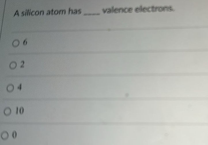 A silicon atom has valence electrons. 6 2 4 10 0 