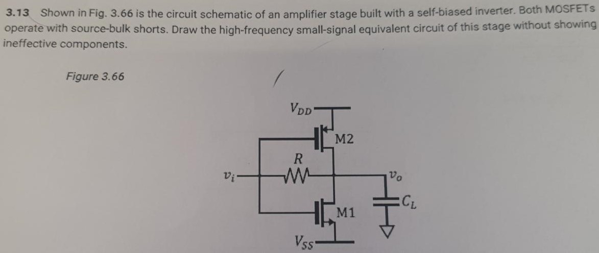 3.13 Shown in Fig. 3.66 is the circuit schematic of an amplifier stage built with a self-biased inverter. Both MOSFETs operate with source-bulk shorts. Draw the high-frequency small-signal equivalent circuit of this stage without showing ineffective components. Figure 3.66