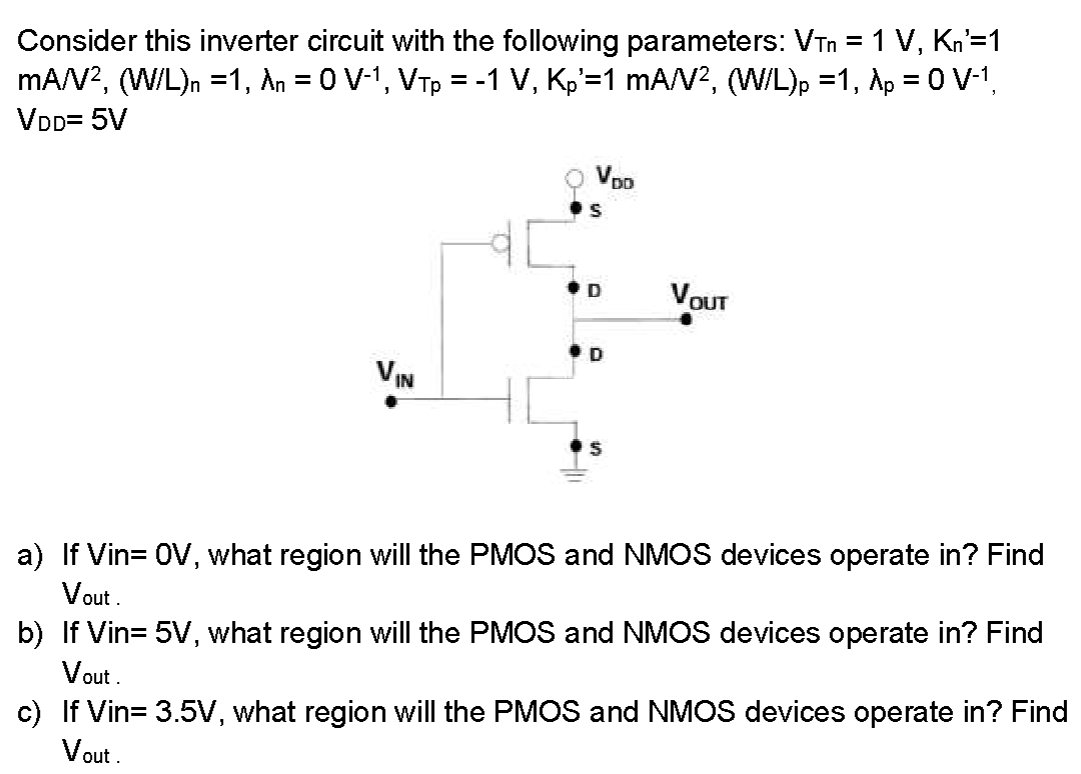 Consider this inverter circuit with the following parameters: VTn = 1 V, Kn′ = 1 mA/V2, (W/L)n = 1, λn = 0 V−1, VTp = −1 V, Kp′ = 1 mA/V2, (W/L)p = 1, λp = 0 V−1, VDD = 5 V a) If Vin = 0 V, what region will the PMOS and NMOS devices operate in? Find Vout. b) If Vin = 5 V, what region will the PMOS and NMOS devices operate in? Find Vout. c) If Vin = 3.5 V, what region will the PMOS and NMOS devices operate in? Find Vout . 