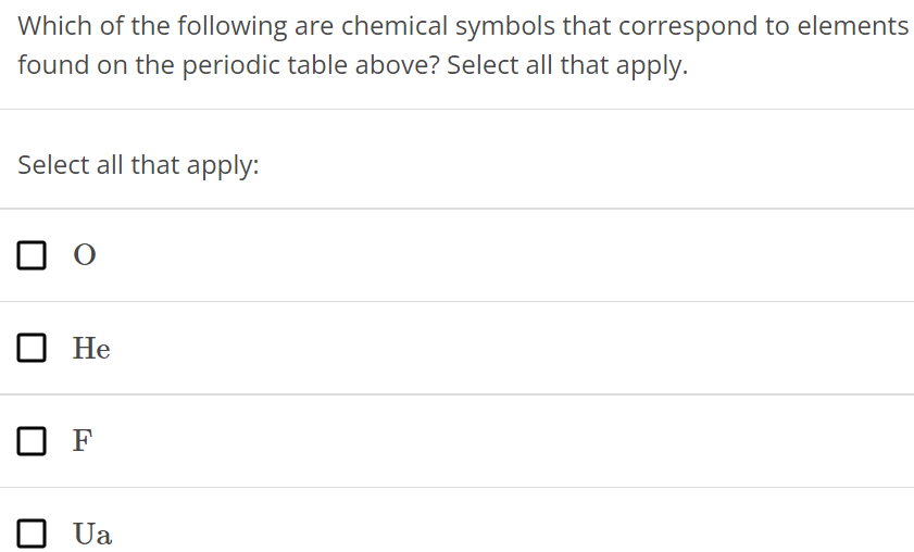 Which of the following are chemical symbols that correspond to elements found on the periodic table above? Select all that apply. Select all that apply: O He F Ua 