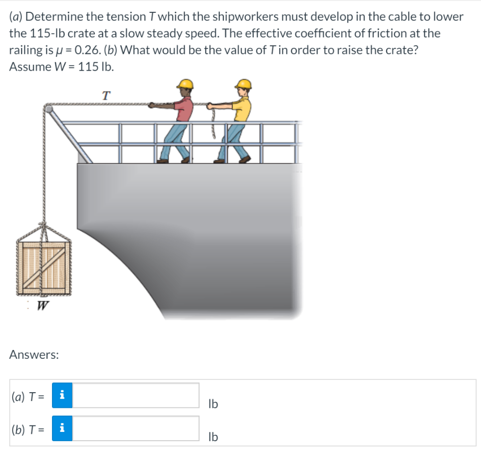 (a) Determine the tension T which the shipworkers must develop in the cable to lower the 115−lb crate at a slow steady speed. The effective coefficient of friction at the railing is μ = 0.26. (b) What would be the value of T in order to raise the crate? Assume W = 115 lb. Answers: (a) T = Ib (b) T = Ib