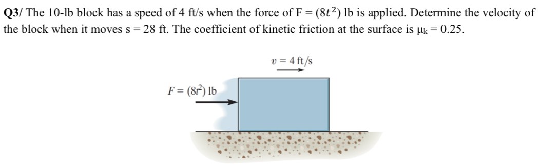 Q3/ The 10-lb block has a speed of 4 ft/s when the force of F = (8t2) lb is applied. Determine the velocity of the block when it moves s = 28 ft. The coefficient of kinetic friction at the surface is μk = 0.25.
