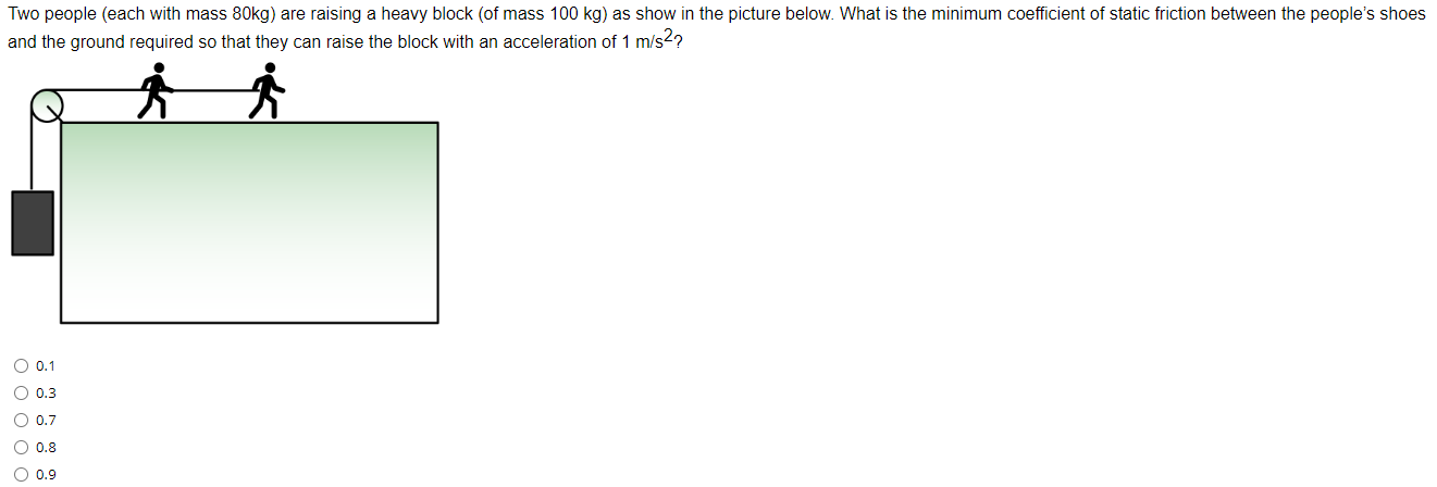 Two people (each with mass 80 kg) are raising a heavy block (of mass 100 kg) as show in the picture below. What is the minimum coefficient of static friction between the people's shoes and the ground required so that they can raise the block with an acceleration of 1 m/s2? 0.1 0.3 0.7 0.8 0.9