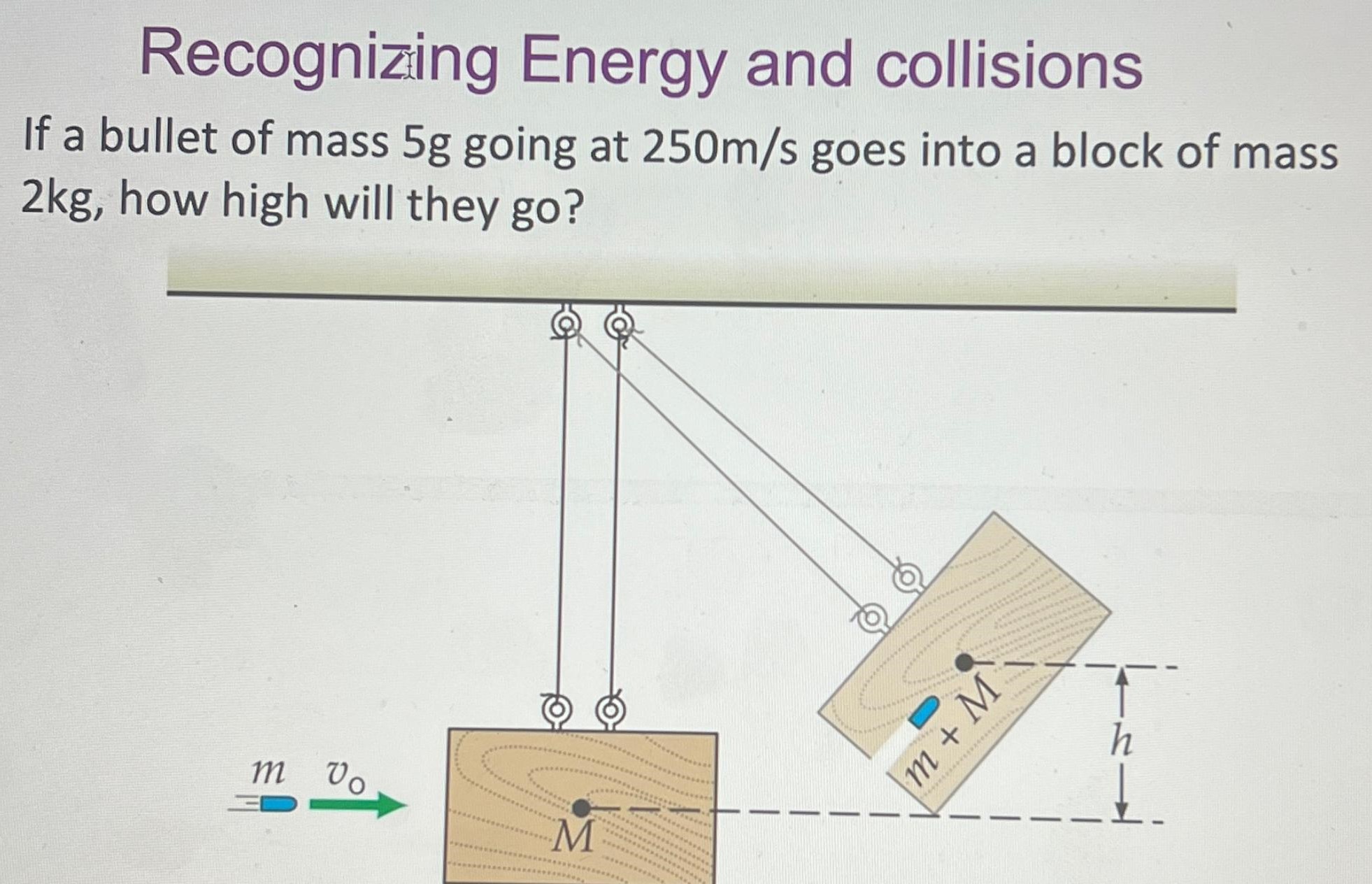 Recognizing Energy and collisions If a bullet of mass 5g going at 250 m/s goes into a block of mass 2 kg, how high will they go?