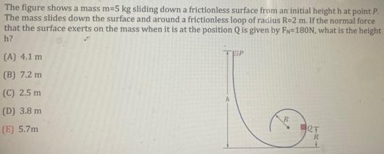 The figure shows a mass m = 5 kg sliding down a frictionless surface from an initial height h at point P. The mass slides down the surface and around a frictionless loop of radlus R = 2 m. If the mormal force that the surface exerts on the mass when it is at the position Q is given by FN = 180 N, what is the height h? (A) 4.1 m (B) 7.2 m (C) 2.5 m (D) 3.8 m (E) 5.7 m