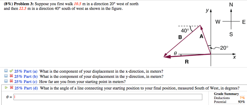 (8%) Problem 3: Suppose you first walk 10.5 m in a direction 20∘ west of north and then 22.5 m in a direction 40∘ south of west as shown in the figure. 25% Part (a) What is the component of your displacement in the x -direction, in meters? 25% Part (b) What is the component of your displacement in the y-direction, in meters? 25% Part (c) How far are you from your starting point in meters? 25% Part (d) What is the angle of a line connecting your starting position to your final position, measured South of West, in degrees? θ =