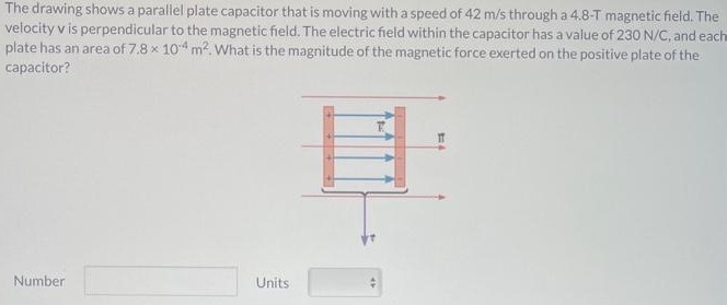 The drawing shows a parallel plate capacitor that is moving with a speed of 42 m/s through a 4.8−T magnetic field. The velocity v is perpendicular to the magnetic field. The electric field within the capacitor has a value of 230 N/C, and each plate has an area of 7.8×10−4 m2. What is the magnitude of the magnetic force exerted on the positive plate of the capacitor? Number Units
