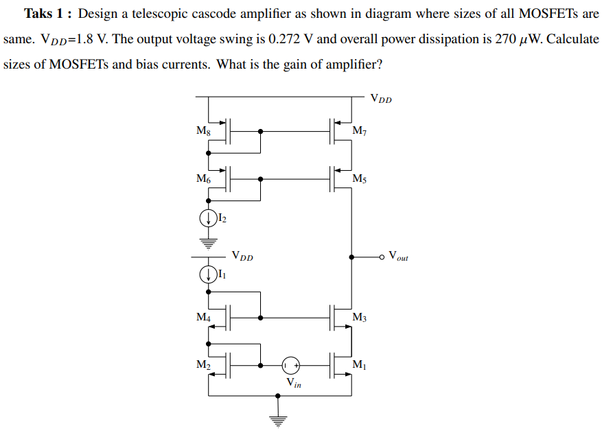 Taks 1 : Design a telescopic cascode amplifier as shown in diagram where sizes of all MOSFETs are same. VDD = 1.8 V. The output voltage swing is 0.272 V and overall power dissipation is 270 μW. Calculate sizes of MOSFETs and bias currents. What is the gain of amplifier?