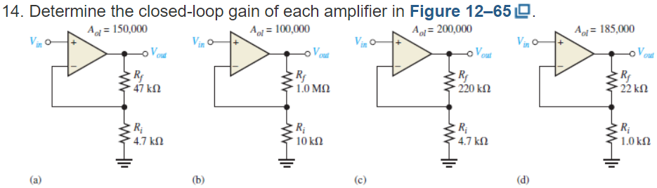 Determine the closed-loop gain of each amplifier in Figure 12-65.