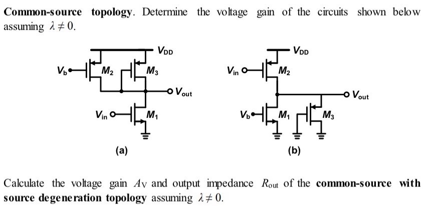 Common-source topology. Determine the voltage gain of the circuits shown below assuming λ ≠ 0. (a) (b) Calculate the voltage gain AV and output impedance Rout of the common-source with source degeneration topology assuming λ ≠ 0. 