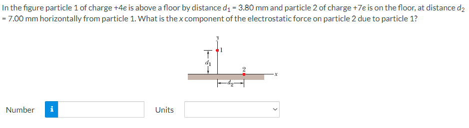 In the figure particle 1 of charge +4e is above a floor by distance d1 = 3.80 mm and particle 2 of charge +7 e is on the floor, at distance d2 = 7.00 mm horizontally from particle 1. What is the x component of the electrostatic force on particle 2 due to particle 1? Number Units